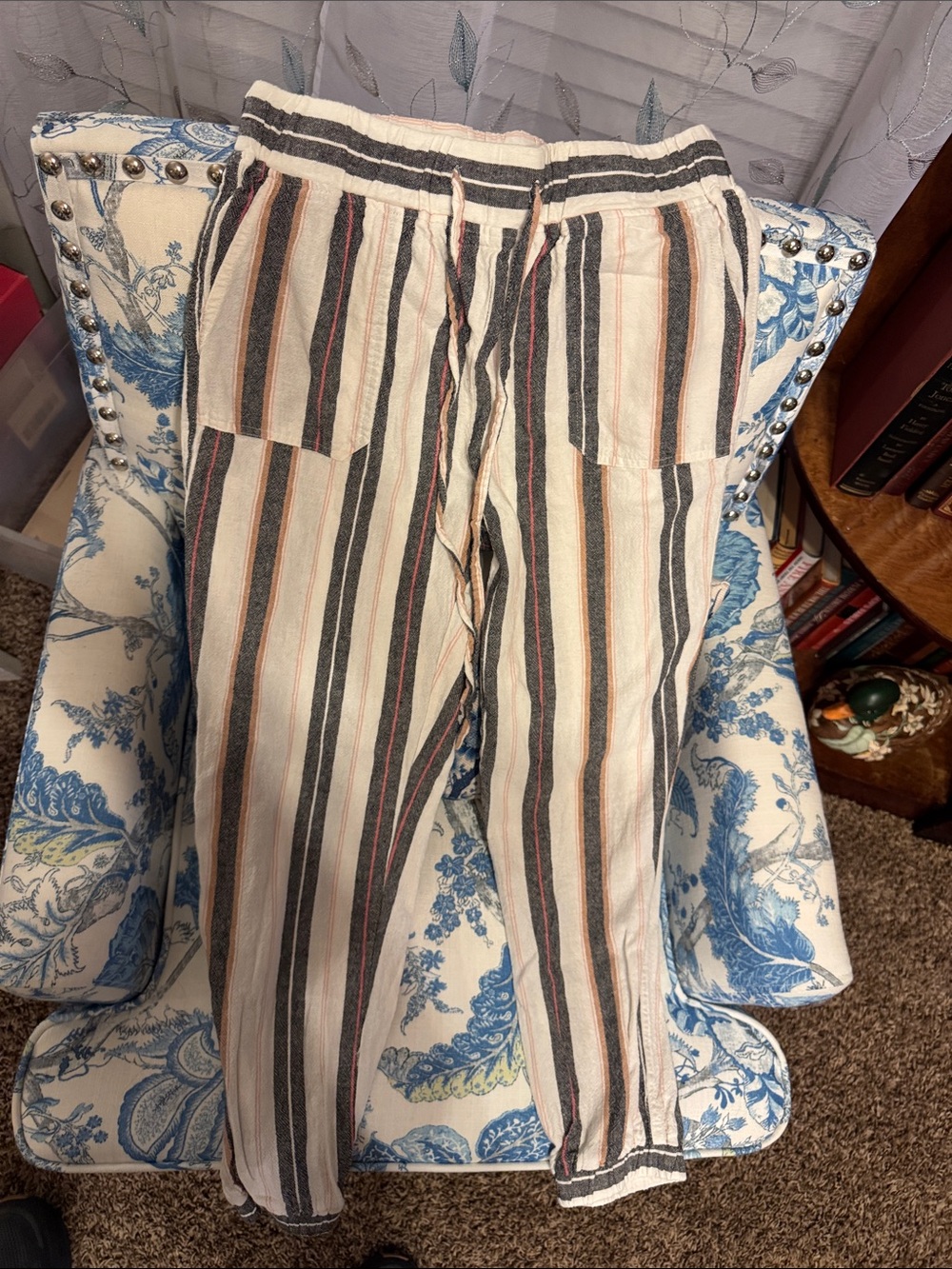 Women’s PerSe Cream Striped Drawstring Joggers with Black/Tan Stripes Lazy Wear